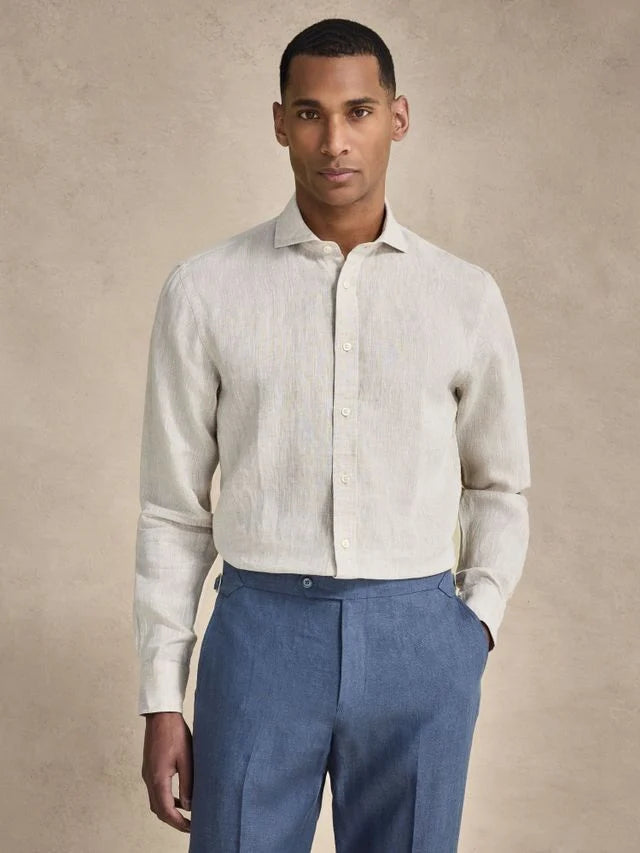 Beige Cut Away Linen Shirt Slim Fit
